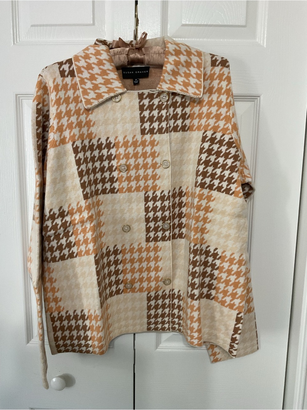 Susan Graver Cream, Tan & Brown Houndstooth Double-Breasted Jacket
